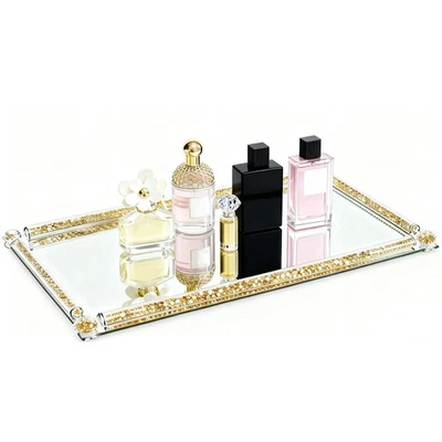 Long Mirror Crystal Vanity Tray, Crushed Diamond Filled Glass Cosmetic Makeup... - Image 1 of 4