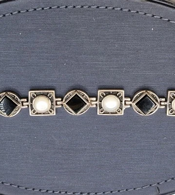 Sterling Silver Link Bracelet Mother Of Pearl And Onyx Stones 925 Statement 30g - Image 1 of 4