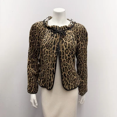 Moschino Cheap and Chic Leopard Print Jacket Bow Brown Tan Polka Dot Trim Sz. 6 - Image 1 of 4