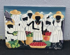Vintage Gemälde signiert Emme Valcin Haiti ~ Obstmarktszene 30” x 23” - Bild 1 von 14