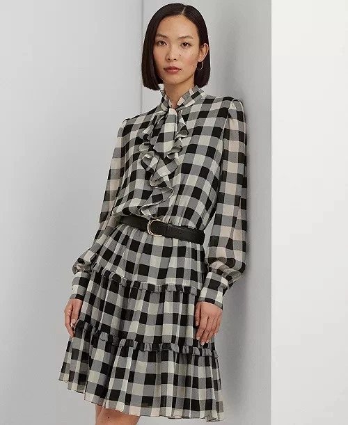 NWT Lauren Ralph LaurenWomen's Buffalo Check Ruffled Georgette Dress - Image 1 of 4