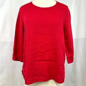 FLAX 100% Linen Red Boxy Blouse 3/4 Sleeves Button Womens P Relaxed Lagum Beach - Picture 1 of 7