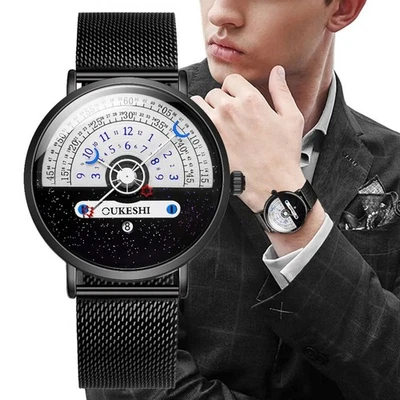 Men Watch Luxury Analog Quartz Black & Silver Mesh Calendar Stainless Steel Band - Image 1 of 4