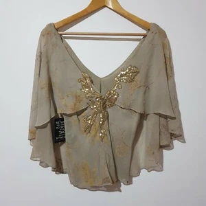 Y & Kei Water and Earth Size S Silk Sheer Flutter Blouse Top New With Tags - Picture 1 of 10