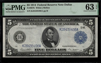 1914 $5 Federal Reserve Note Dallas FR-887b - PMG 63 EPQ - 65 Known - Image 1 of 2