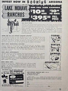 Sillín Lake Mohave Ranchos in Booming Arizona de acre completo anuncio impreso vintage 1960 - Imagen 1 de 4