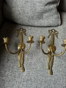 2 Vtg Andrea Sadek MCM Solid Brass Tassels Ribbons Wall Sconce Candle Holders - Picture 1 of 6