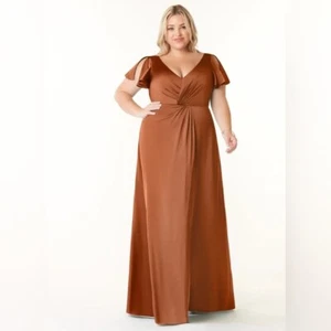 AZAZIE Stretch Copper A-Line Pleated Stretch Satin Dress Women’s 16 Bridesmaid - Picture 1 of 12