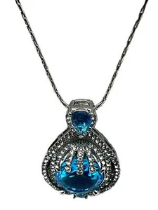 NEW Silver Chain Blue Glass Gemstone Teardrop Pendant Necklace - Picture 1 of 11