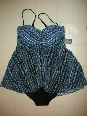 Profile by Gottex Indigo Blue Ethnic 1 PC Flyaway Bandeau Swimsuit Sz 10 NWT  - Image 1 of 2