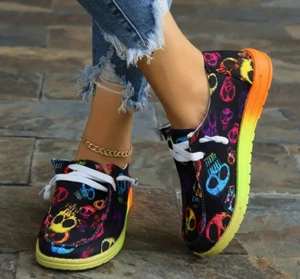 Women's Skull Print Canvas Shoes, Casual Lace Up Rainbow Sole Shoes, Lightweight - Picture 1 of 5