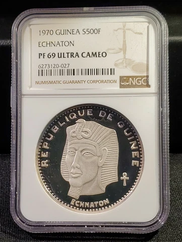 1970 Guinea 500 Francs Silver Coin Echnaton - NGC MS 69 Ultra Cameo Cover