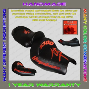 Unique Custom Seat COVER Suzuki Hayabusa 99-07 (1Gen) Black+Red-Chrome (3pillow) - Picture 1 of 11
