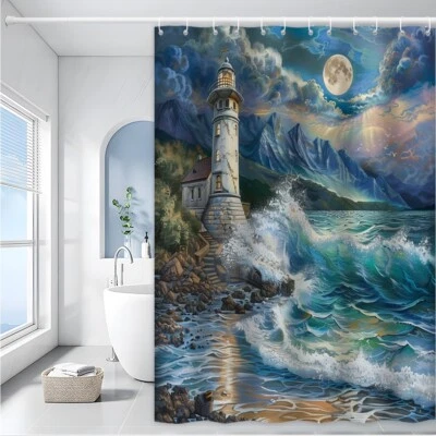 Lighthouse Shower Curtain Coastal Mountain Night Ocean Wave Moon Bathroom Art - Image 1 of 4