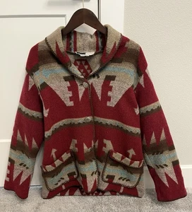 Rhonda Stark Red Southwest Aztekenmuster Knopfleiste Wolljacke Größe L/XL - Bild 1 von 7
