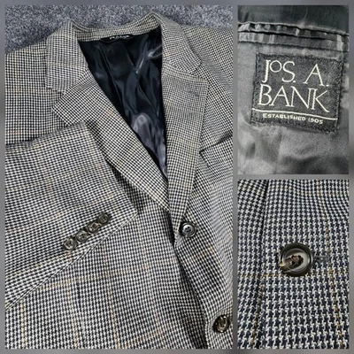 Jos A Bank Blazer 44R Beige Black Houndstooth Check Silk Wool Sport Coat Jacket - Image 1 of 4