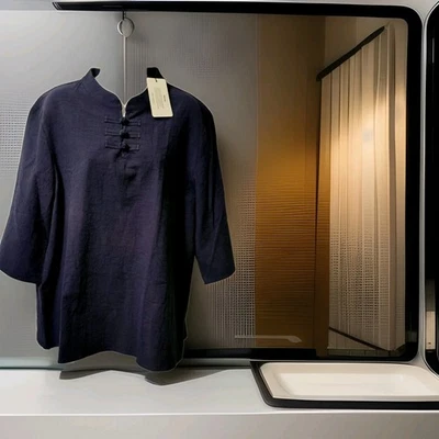 Top para mujer de lino azul mandarina cuello cierre rana alambrado talla XL Foto 1 de 4