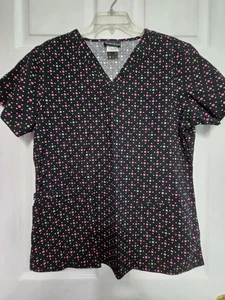 Cherokee Scrub Top Size L-Black /Pink Polka-Dot V-Neck-chest 23"/L 27" - Picture 1 of 4