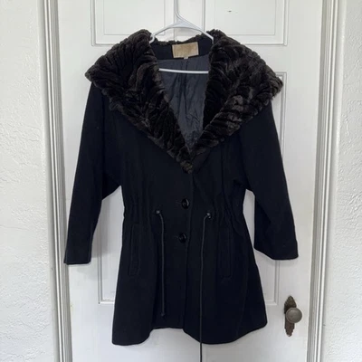 Vintage 70s 80s Andrea Black Wool Coat Faux Fur Shawl Collar Made in USA Size L - Image 1 of 4