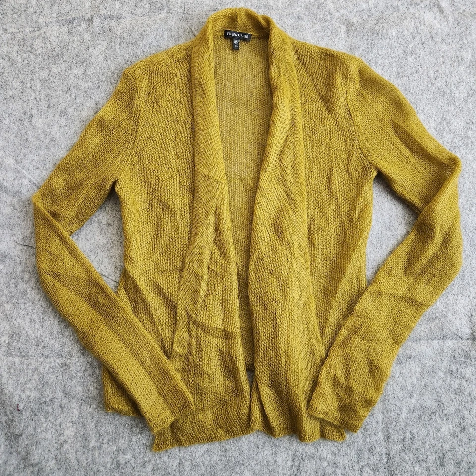 Cardigã suéter feminino Eileen Fisher frente aberta XS amarelo verde lã mohair - Imagem 1 de 4