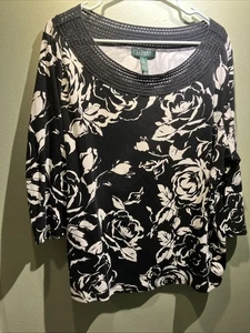 Lauren Ralph Lauren Damenbluse schwarz mit weißen Rosen Blumen Häkelausschnitt Größe 3X - Bild 1 von 11