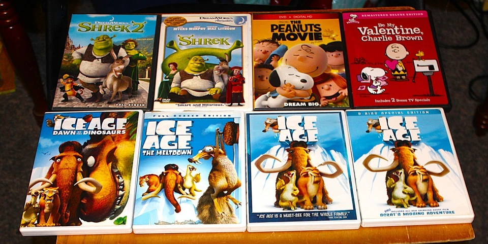 CHILDREN'S DVD LOT 8: ICE AGE, SHREK, PEANUTS CHARLIE BROWN: SEE TITLES BELOW Foto 1 de 1