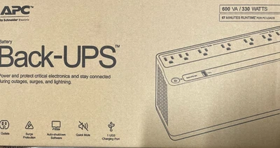 APC BE600M1 600VA 120V Back-UPS Battery Backup 7-NEMA Outlet 1 USB Charging Port - Image 1 of 4