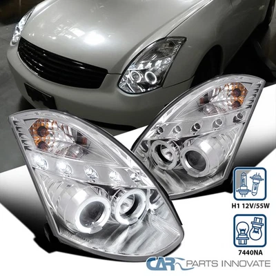 Fits 03-07 Infiniti G35 2Dr Coupe Clear LED Halo Projector Headlights Left+Right - Image 1 of 4