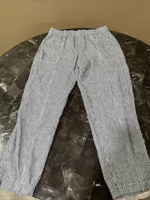 Pantalones al tobillo Old Navy para mujer tiro alto pierna cónica lino azul marino a rayas Foto 1 de 4