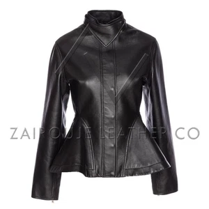Luxus schwarze Damen Lederjacke, schicker eleganter taillierter Lammfellmantel mit Schößchen - Bild 1 von 10