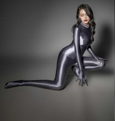 Damen Nass Glanz Zentai Ganzanzug Catsuit Overall Turtleneck Bodysuit Mit Gloves - Bild 1 von 4