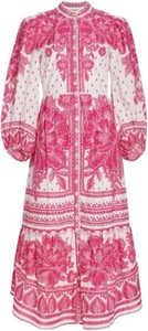 Farm Rio Pink Tropical Woodcut Midi Shirt Dress sz S - Picture 1 of 7