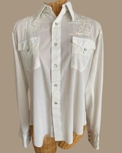 Vintage H Bar C Ranchwear White Western Shirt Wagon Wheel embroidered snaps L - Picture 1 of 9