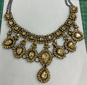 Vintage Yellow Rhinestone in Black Metal Setting LONG Necklace AAA2460 - Picture 1 of 9