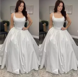 Simple Satin Wedding Dresses Square Neck A Line Spaghetti White Bead Bridal Gown - Picture 1 of 3