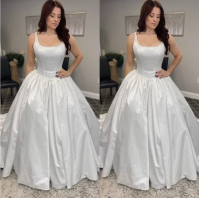 Simple Satin Wedding Dresses Square Neck A Line Spaghetti White Bead Bridal Gown - Image 1 of 3