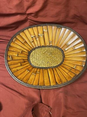 Large Wood Wooden Bamboo Bread /  Fruit Bowl 17-1/2” L X 14” W X 3” D Mint - Image 1 of 4