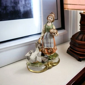 Hand Painted Capodimonte Porcelain Sculpture Of A Girl Feeding Geese Italian - Picture 1 of 7