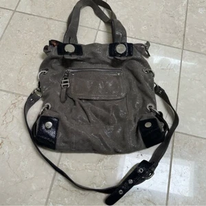 B. MAKOWSKY LEATHER HOBO FOLDING SATCHEL SHOULDER TOTE BAG GRAY SHIMMER PURSE - Picture 1 of 10