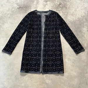 Elie Tahari Jacket Womens XS Black Wool Leather Trim Long Lace Flocking - Picture 1 of 8