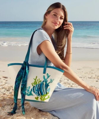 Patricia Nash Leather Marconia Striped Fish Spot Print Tote Bag W/Scarf NWT - Image 1 of 4