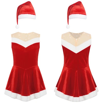 Kids Girls Santa Claus Outfit Cosplay Dance Dress 2Pcs Christmas Costume Velvet - Image 1 of 4