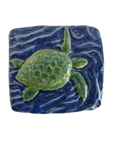 Art Pottery Sea Turtle Tile Reptile Ocean Wave Marine 3D Clay Ceramic Green Blue - Picture 1 of 11