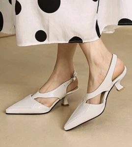 BUTITI Womens White Leather Cutout Pointed-Toe Slingback Pump Heel Shoes Sz 5.5 - Picture 1 of 6
