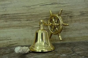 Brass Ship Bell Hook 4" Shiny Wall Mount Nautical Doorbell Home Decor - Picture 1 of 8