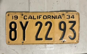 California 1934 License Plate # 8Y 22 93 Yellow Black - Picture 1 of 1