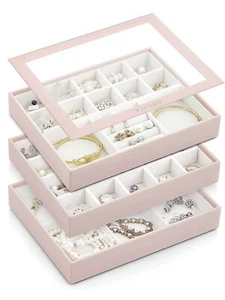 Rosa Vlando Kunstleder stapelbare Schmuckschalen: 3 Schichten mit Glasdeckel - Bild 1 von 12