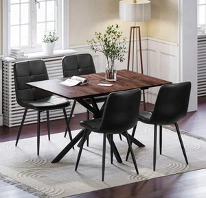Extendable Dining Table Set 4 Chairs Modern Brown Wood Grain Table Black PU Seat - Picture 1 of 9