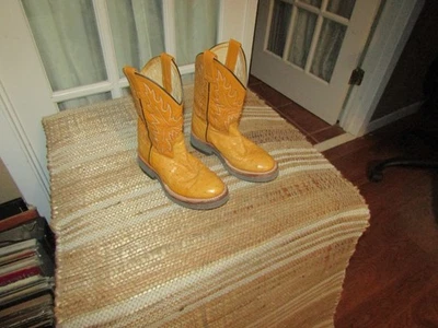 Old West Kids sz 13 Golden Brown Ostrich Print Leather Western Boots CR10010C - Image 1 of 4