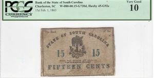 1863 SOUTH CAROLINA Charleston, 15 Cents State Civil War Banknote Currency, PCGS - Picture 1 of 5